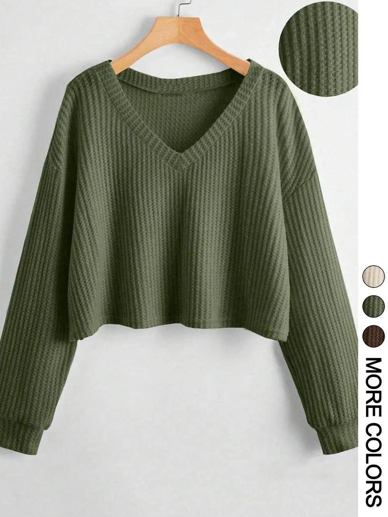 Women's Solid Color V Neck Drop Shoulder Long Sleeve Casual Loose Waffle Knit T-Shirt, Basic Spring & Fall Fashion, Comfortable Fit