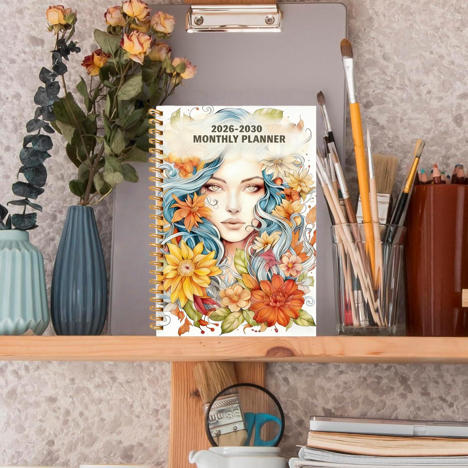2026-2030 Monthly Planner/Calendar - January 2026 to December 2030, 5-Year Monthly Planner, Colorful Flower Lady Cover Design Notebook, Yearly Calendar Planning, Monthly Tabs, 60-Month Calendar, 5.5 x 8.3 inches, 71 Sheets/142 Pages Thick Paper, Elastic C