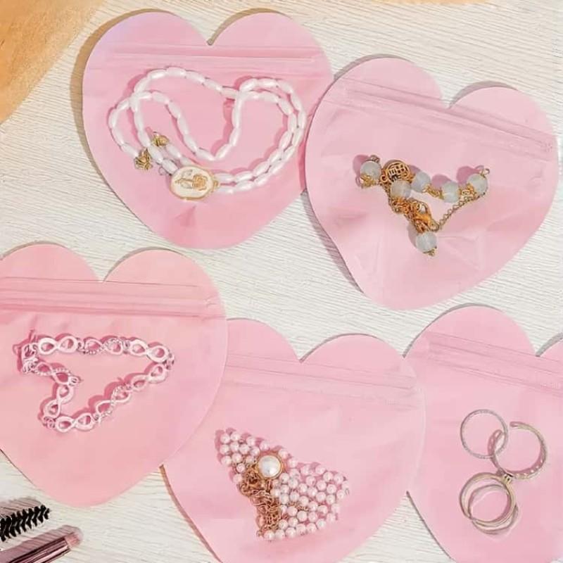 20pcs Pink Heart-Shaped Jewelry Bags, Transparent Sealed Bags, Suitable for Earrings, Rings, Necklaces and Travel Storage