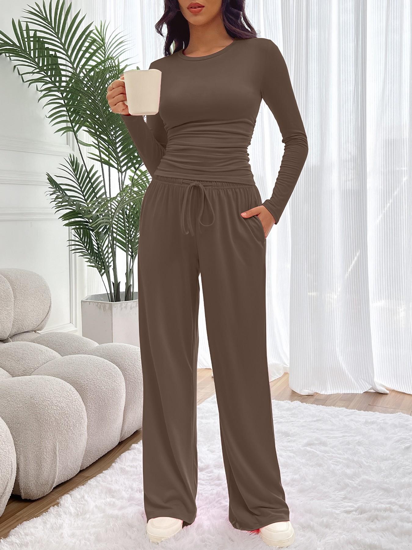 Women's 2-Piece/6-Piece Plain Slim-Fit Long Sleeve Top Pants Sleepwear Set, Pajama Set, Soft Comfortable Homeewear, Home Leisure Wear, Casual Yoga Wear, Loungewear, Loungewear Nightwear Set