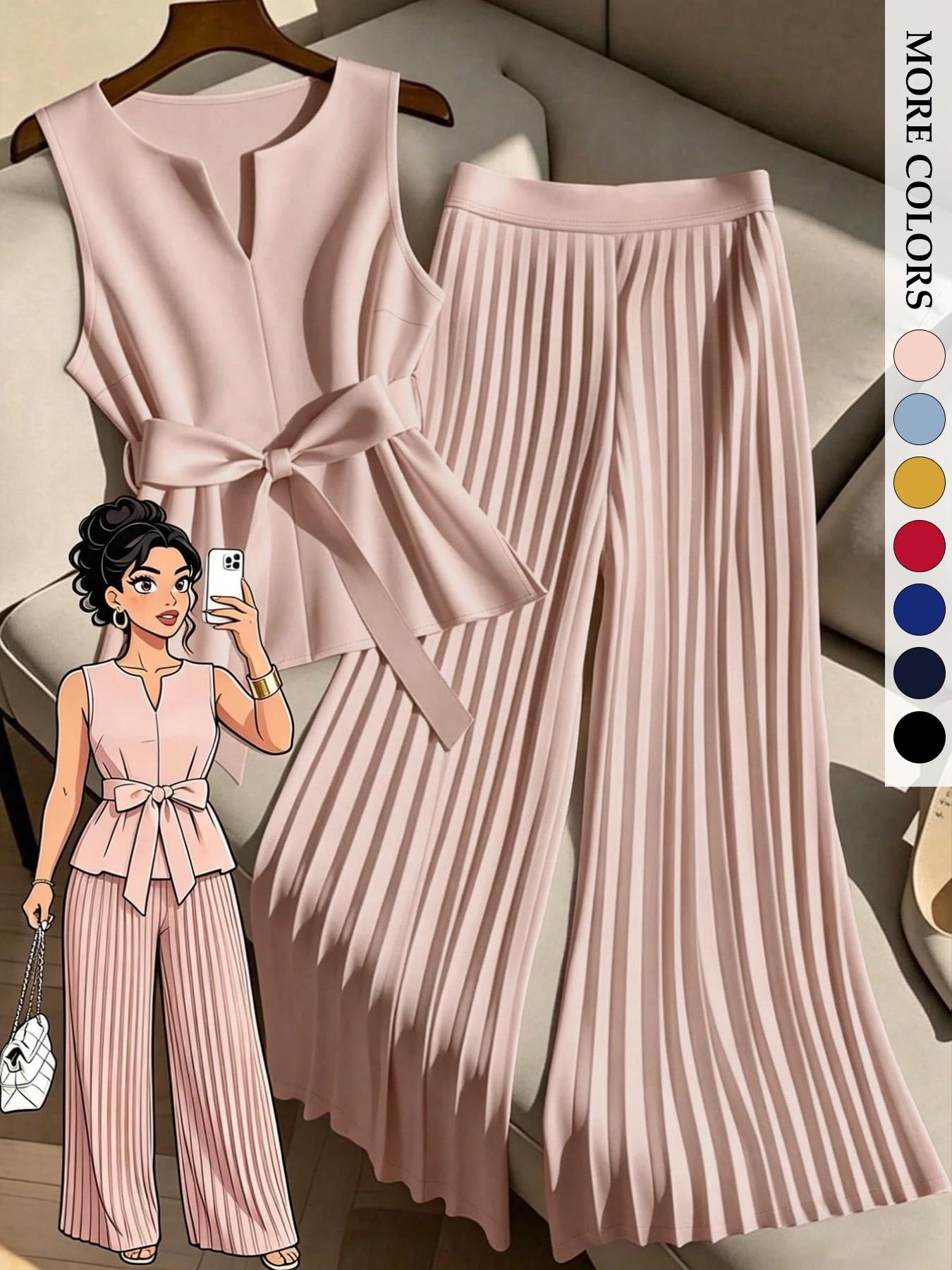 Women's Plus Size Trendy Chic Fashion 2 Piece Outfit, Sleeveless Top & Pleated Wide Leg Pants Set, Tie Waist V-Neck Plisse Flowy Elegant Office Workwear