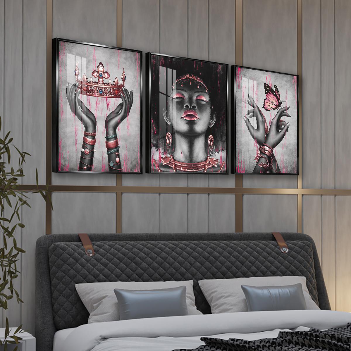 3 Counts Aluminum Alloy Framed Painting, Elegant Black And Pink Crown Butterfly Lady Artwork, Home Decoration For Living Room, Bedroom, Office, Restaurant, Hallway Wall Decor, Odorless Print Artwork, Luxury Perfect Gift For Friends And Family