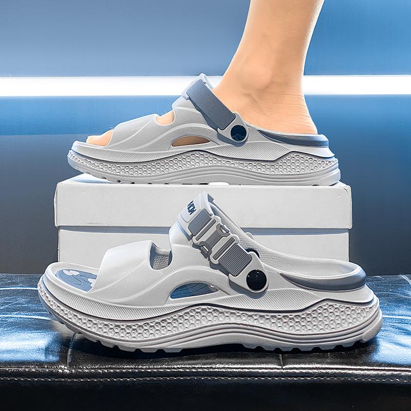 Men's Outdoor Beach Slippers, Thick Sole Height Increase Anti-Slip Eva Cushioning, One-Click Comfort Trendy Home Wear