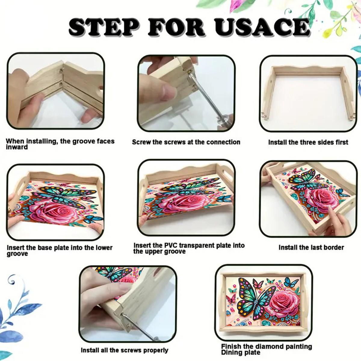 DIY Diamond Painting Wooden Tray Set with Frame, Butterfly Pattern, Home Decor Gift, Unique Holiday Present for Family and Friends
