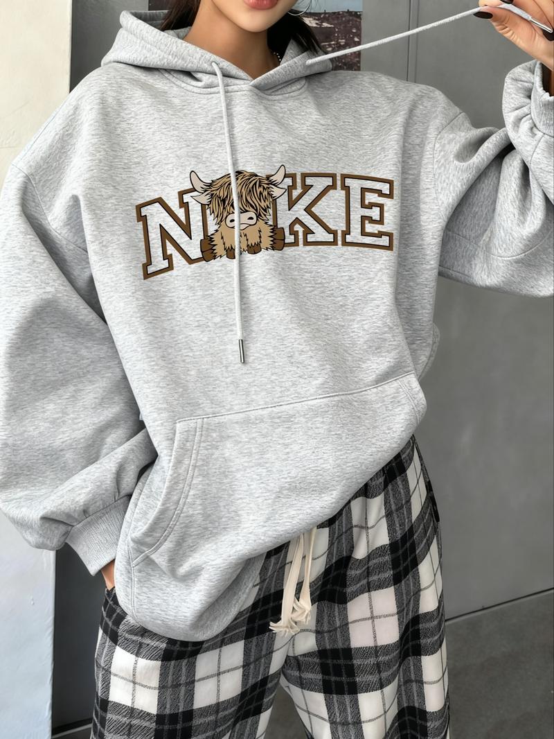 Women's Drawstring Hoodie with Highland Cow & Letter Print, Loose Fit Long Sleeve Casual Top for Fall & Winter