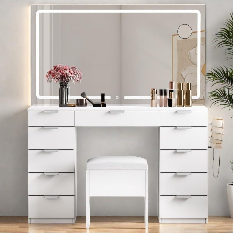 【Dealsforyoudays】Yitahome Vanity Desk Set, 11 Drawers Wood TableTop Vanity with LED/Bulb Light Strip & Extra-Large Mirror, Power Hub & Hair Dryer Rack, 3-Color Modes Adjustable, Storage Bench