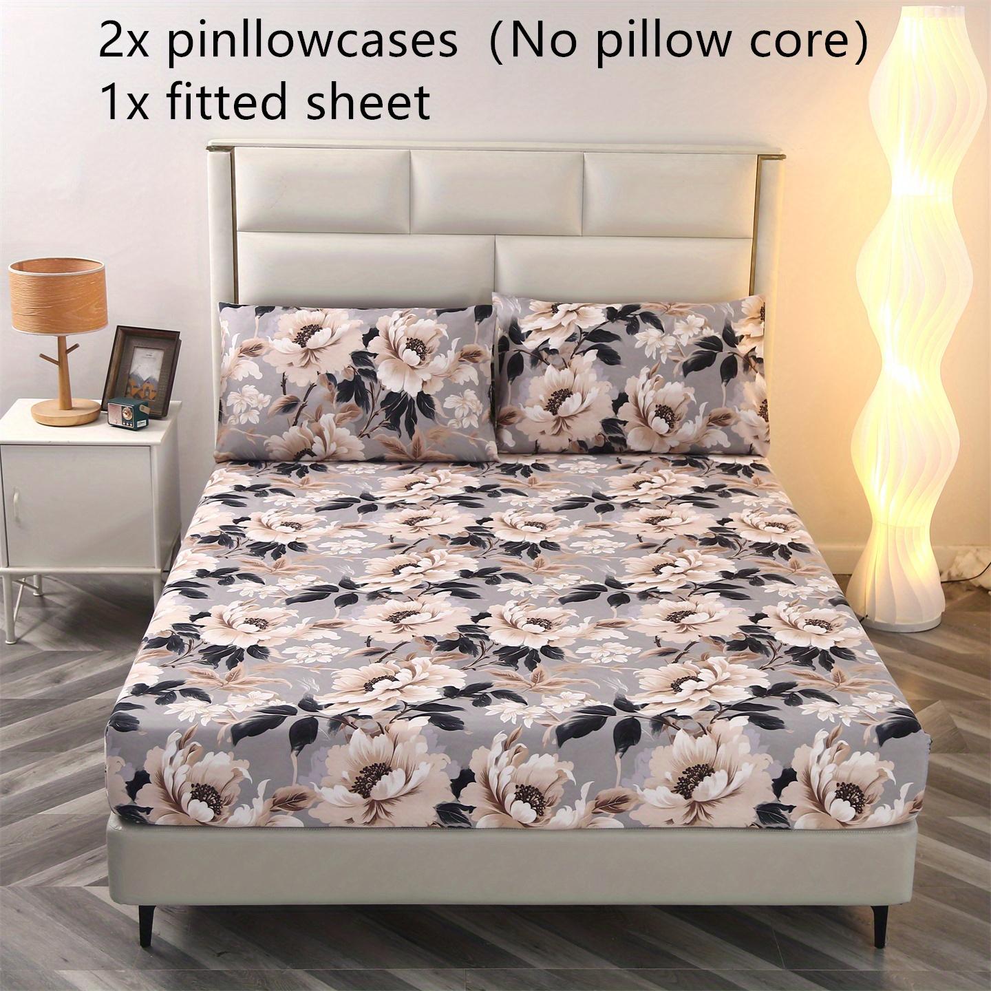 3pcs Floral Print Bedding Set, Floral Sheets, Soft and Comfortable, Suitable for Bedroom, Guest Room, Includes One Fitted Sheet + Two Pillowcases, No Core, Bed Sheet Replacement, Fitted Sheet With Pillowcases, Printed Floral Design, Comfortable Sheet Set