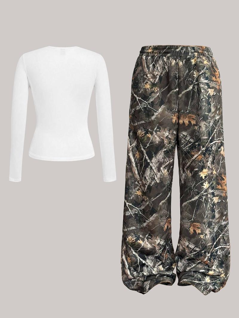 Women's Plain  Top & Camo Print Wide Leg Pants Two-piece Set, Casual Fashion Cozy Round Neck Long Sleeve Top & Trousers for Daily Outdoor Wear, Ladies Clothes for All Seasons