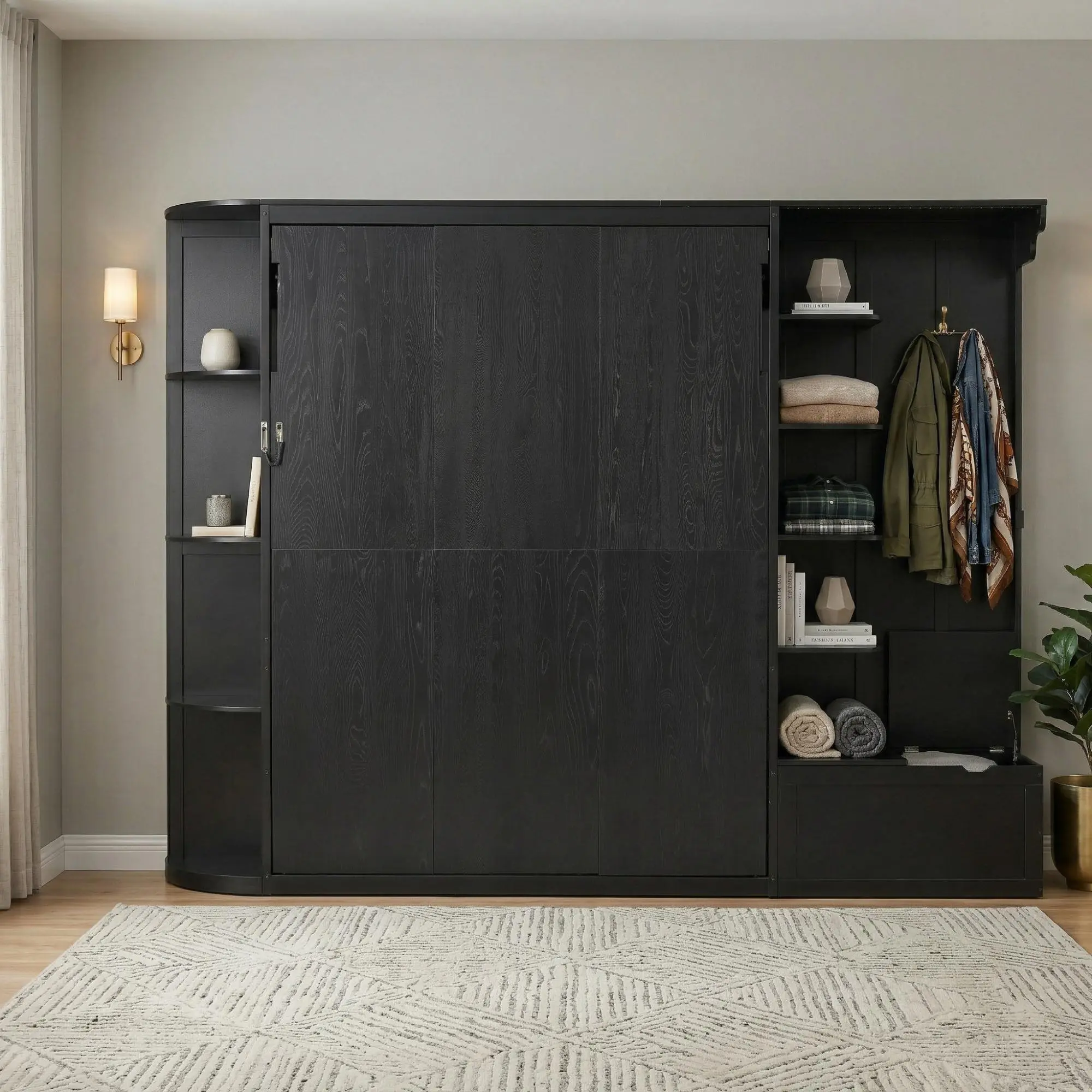 Queen Murphy Bed with Storage and LED Lights, Oak Veneer Finish, Black, Space-Saving Wall Bed for Small Rooms
