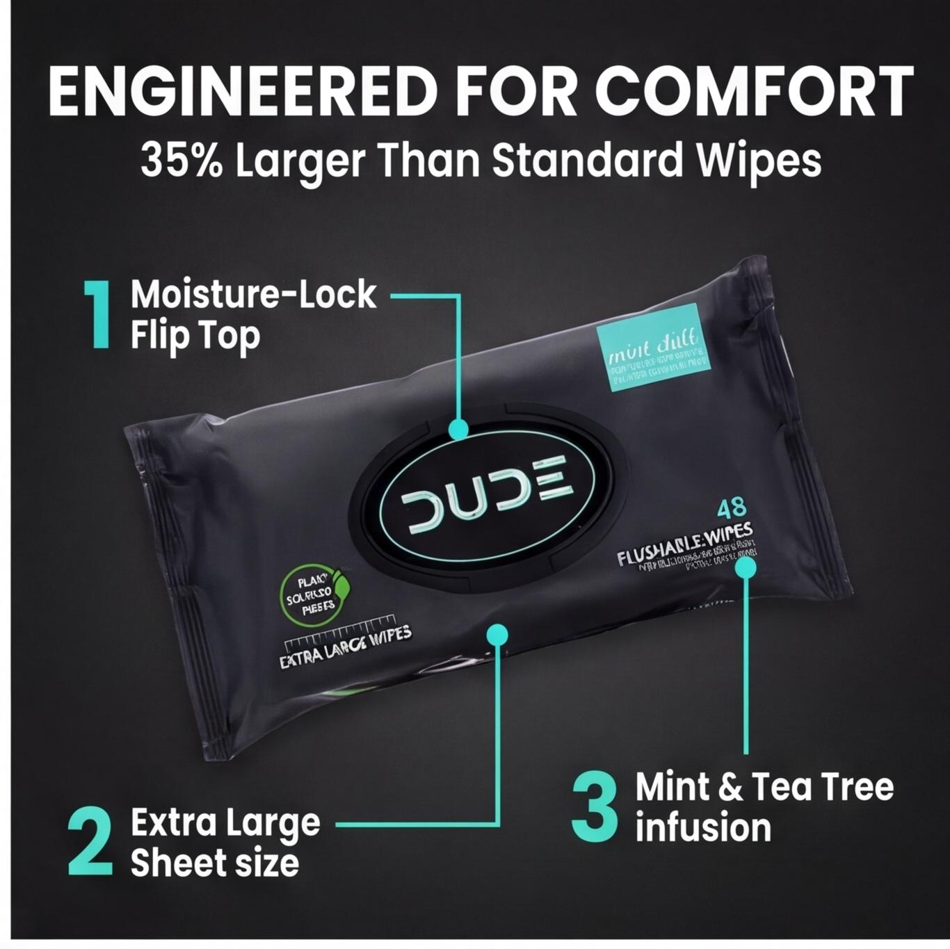 48 Pcs Biodegradable Flushable Wet Wipes, Plant-Based No Plastic, Mint Tea Tree Oil Antibacterial, Large Size, Universal Toilet Use