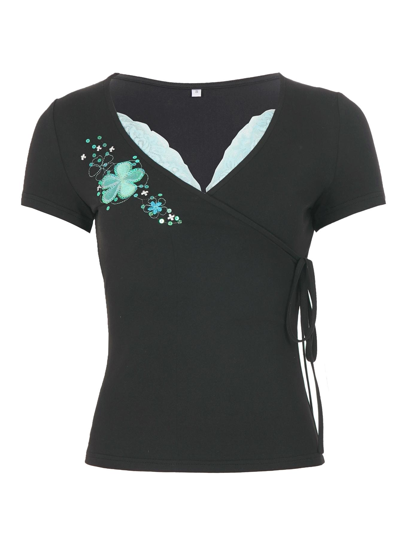 Holiday Style Floral Embroidery Sequin Top, Slim Fit Lace V Neck Short Sleeve Summer T-Shirt, Fashion Drawstring Design, Casual Daily Wear, Trendy Summer Tee