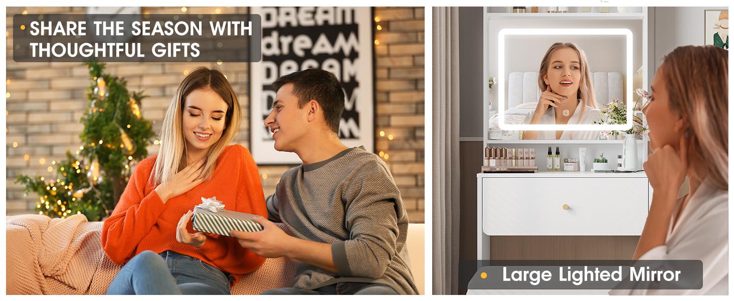 Vabches Make Up Vanity Desk with Mirror and Lights, White/Pink Vanity Table Set with Charger Station,Girls Small Vanity