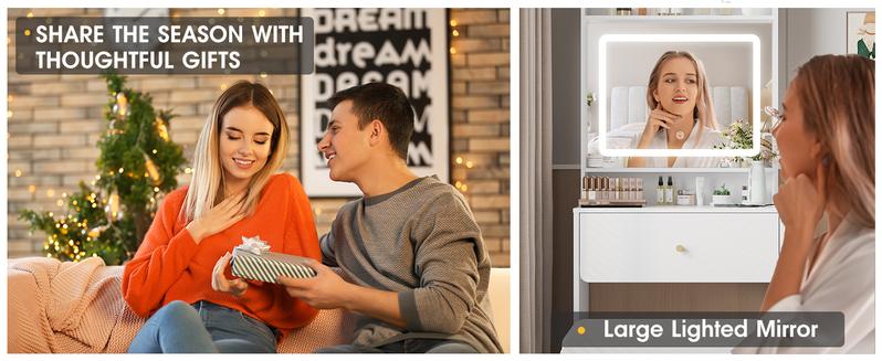 Vabches Make Up Vanity Desk with Mirror and Lights, White/Pink Vanity Table Set with Charger Station,Girls Small Vanity Vabches Make Up Vanity Desk with Mirror and Lights, White/Pink Vanity Table Set with Charger Station,Girls Small Vanity