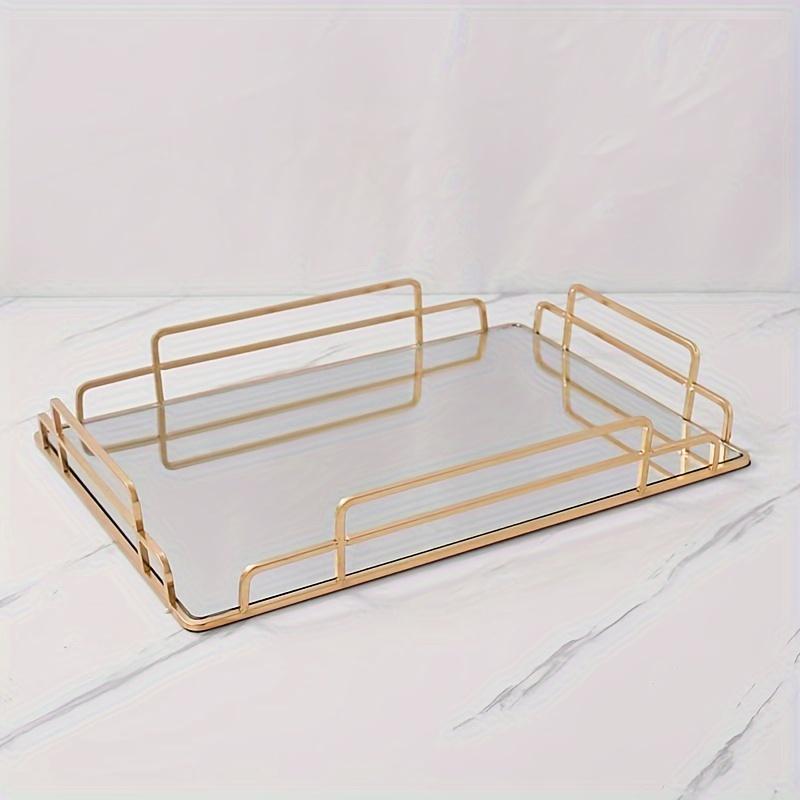 Light luxury ornament iron wire tray, household storage tray, tea table, living room desktop rectangular decoration tea tray black tray, glass plate metal tray decoration