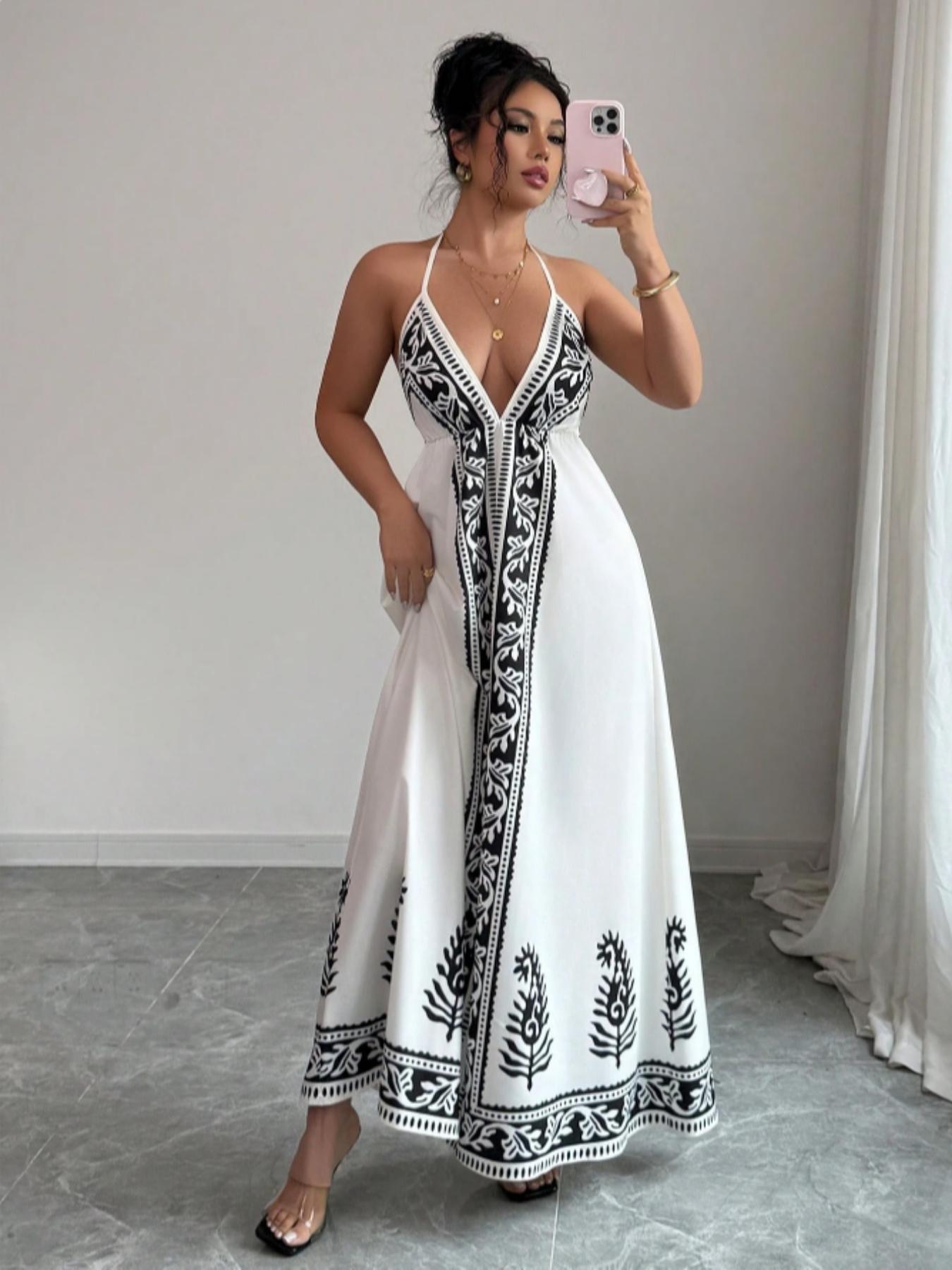 Women's Printed V Neck Dress, Casual Long Sleeve A-Line Dress, Elegant Floral Pattern, Perfect for Spring & Fall Fashion