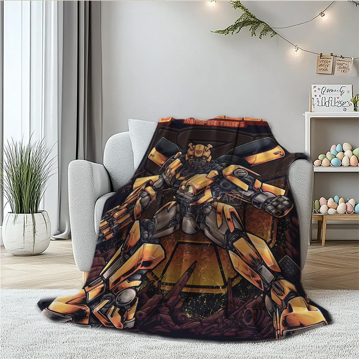 Vintage Transformers Flannel Blanket, Bumblebee Full Print, Thick Comfortable Sofa Cover, Festival Gift, Multi-Purpose Throw Blanket