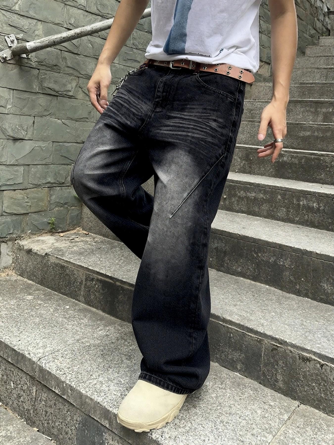 Y2K Retro Black Stone Washed Loose Jeans, Men's Streetwear Hip-Hop Casual Pants, Wide-Leg Loose Jeans with Distressed Effect, for Leisure Daily Wear