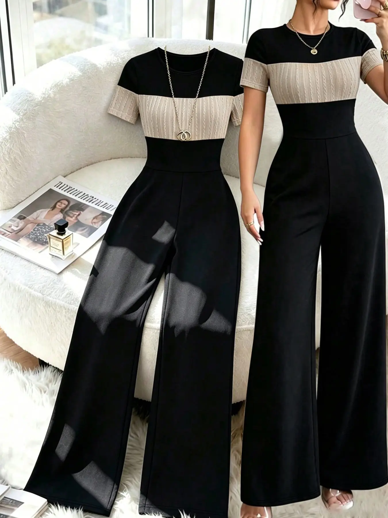 Women Short‑Sleeve Knit Jumpsuit, Color‑Block Cable Knit Spliced High Waist Wide Leg Jumpsuit, Slim Fit Casual Daily Style Long Jumpsuit