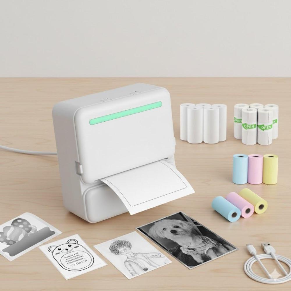 Portable Mini Bluetooth Thermal Label Printer for iOS Android, Sticker Photo Machine with 14 Rolls Paper, Wireless Pocket Printer for Home Office Student Study, No Ink Instant Stick Clear Image