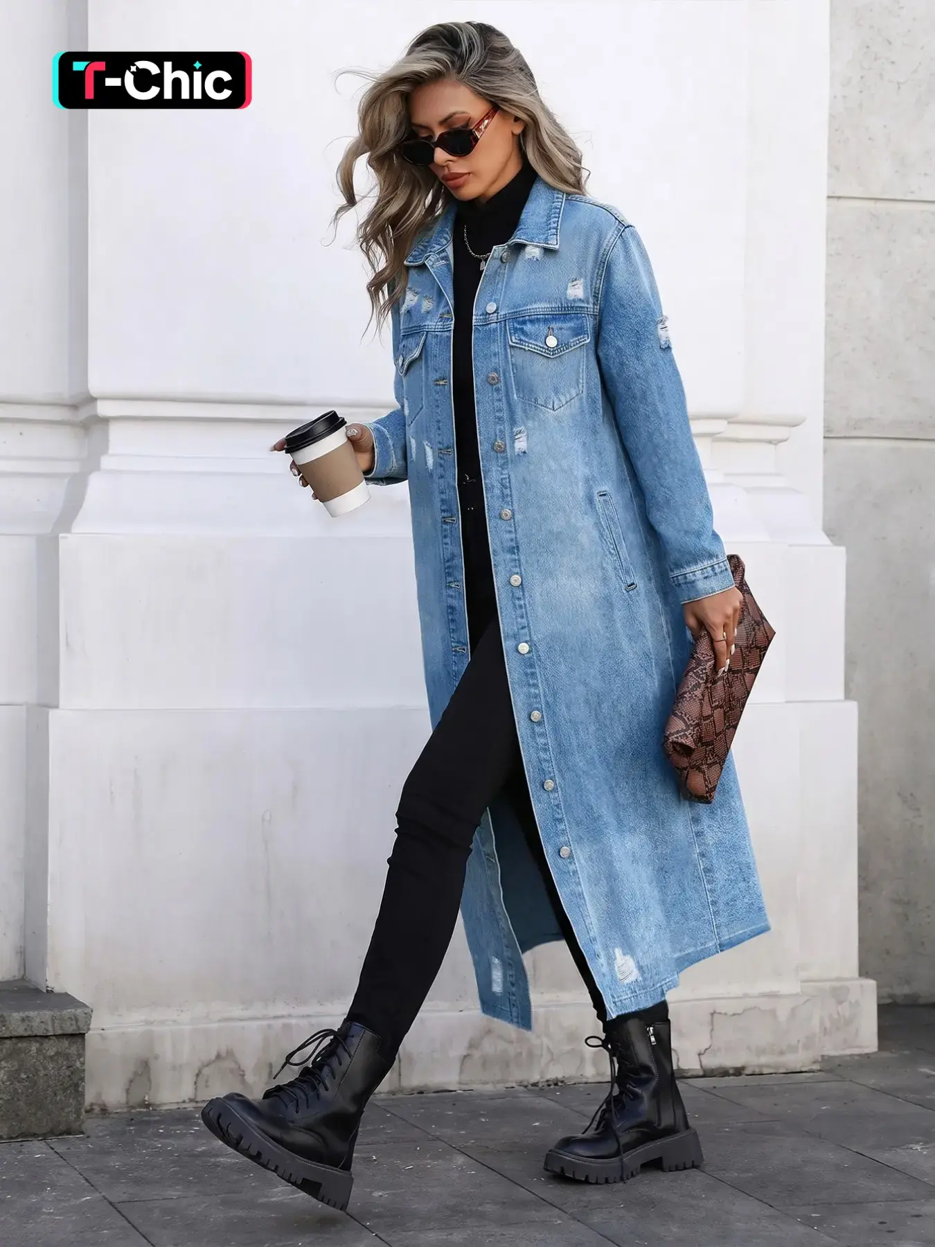 20968# Casual Fashion Spring Summer Fall Versatile Elegant College Student Y2K Long Coat, Ripped Denim Jacket for Women