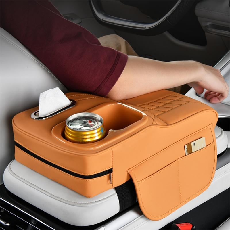 Multifunctional Car Armrest Storage Pad, Height Adjustable Cup Holder Organizer, Central Console Tissue Box Accessory for Vehicles, Car Storage Organizers, Car Cup Holders