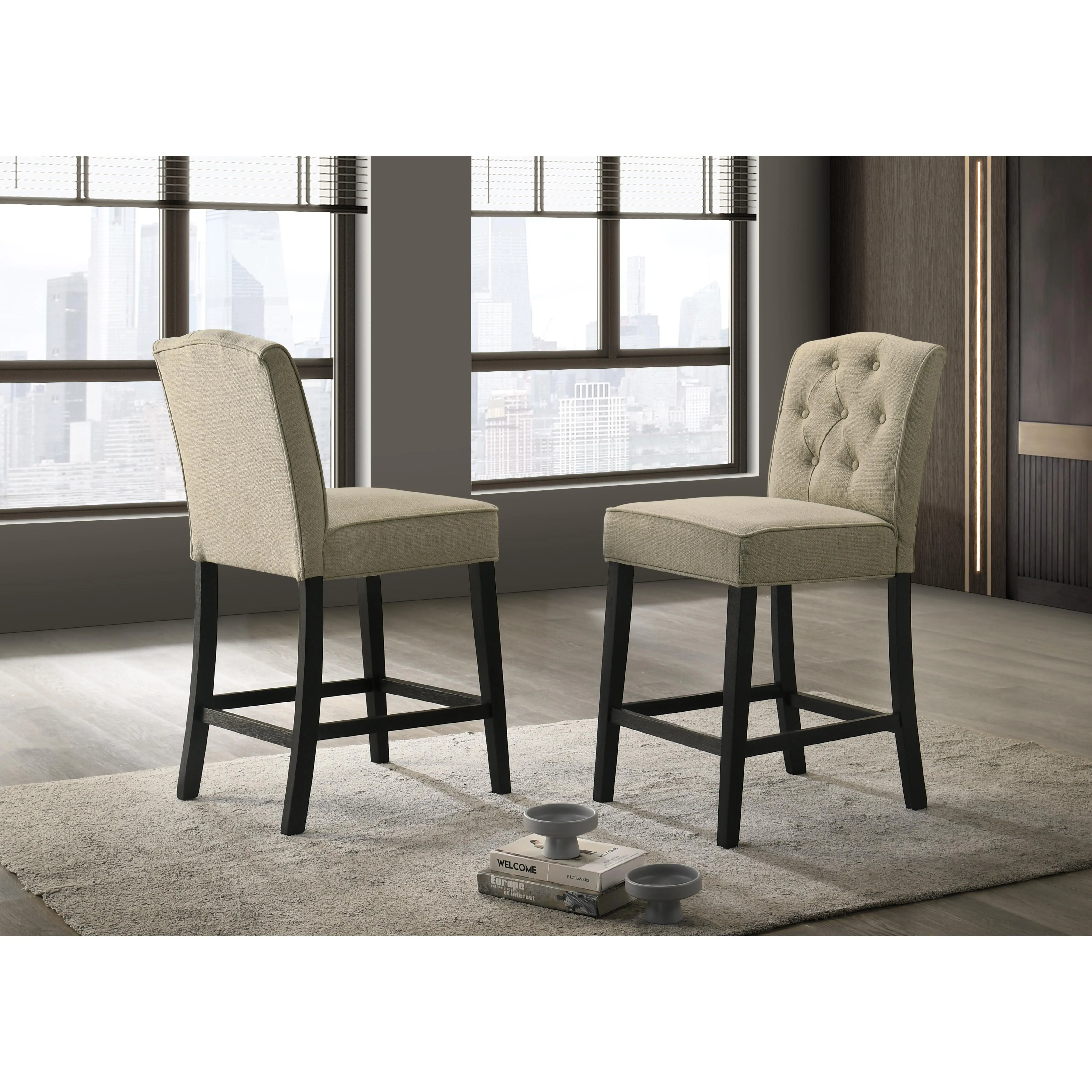 Nokaa Set of 2 Beige Fabric Counter Height Dining Chairs with Rubberwood Frame, Upholstered Seat and Back, 26 Inch Seat Height, Wood+Fabric, Modern Kitchen Breakfast Bar Chairs, Multiple Options