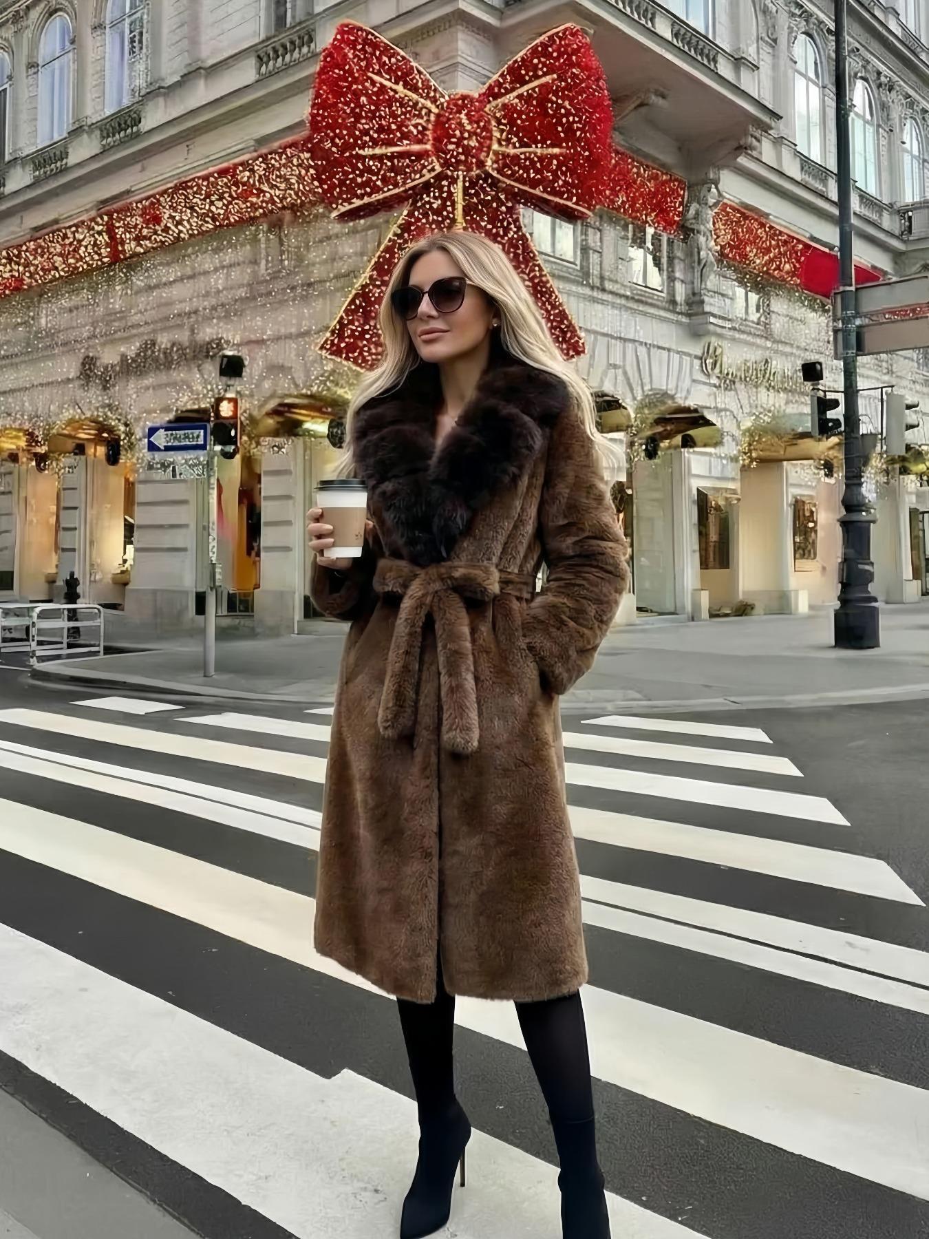 Women's Faux Fur Coat, Autumn Winter Chic Fashionable Long Sleeve Jacket, Elegant Thick Retro Loose Fit Medium-Length Outerwear