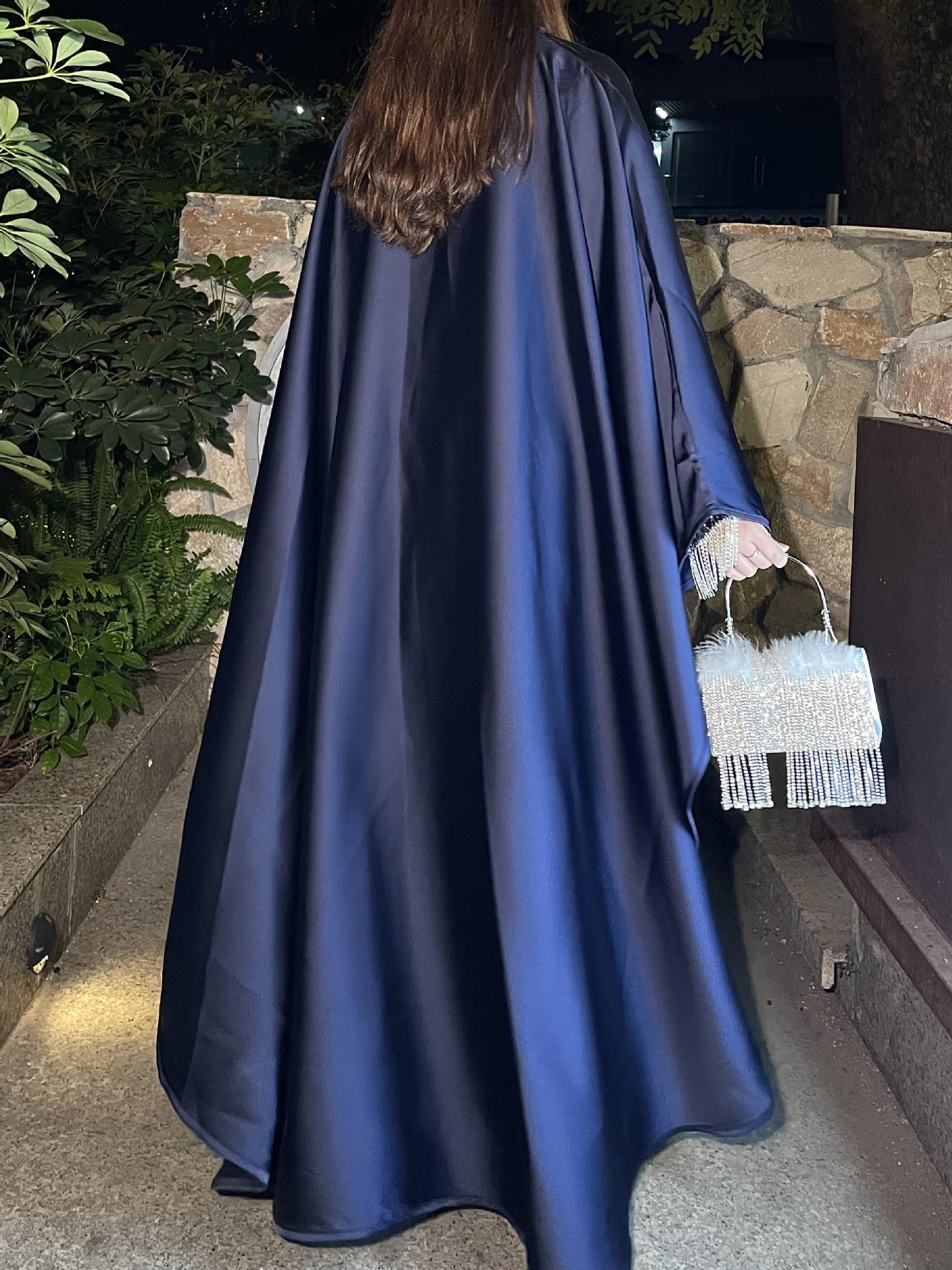 Luxury Satin Cape Abaya Dress for Women, Modest Evening Gown for Eid, Wedding and Party