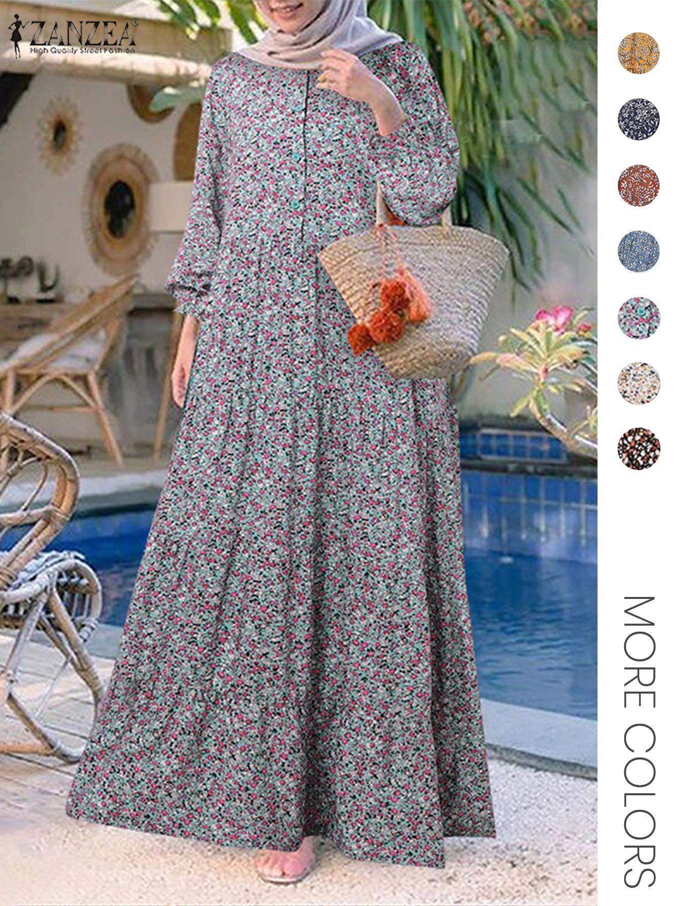 Women's Ditsy Floral Print Long Sleeve Tunic Dress, Casual Round Neck Dress for Holiday Vacation Daily Wear, Ladies Clothes for All Seasons