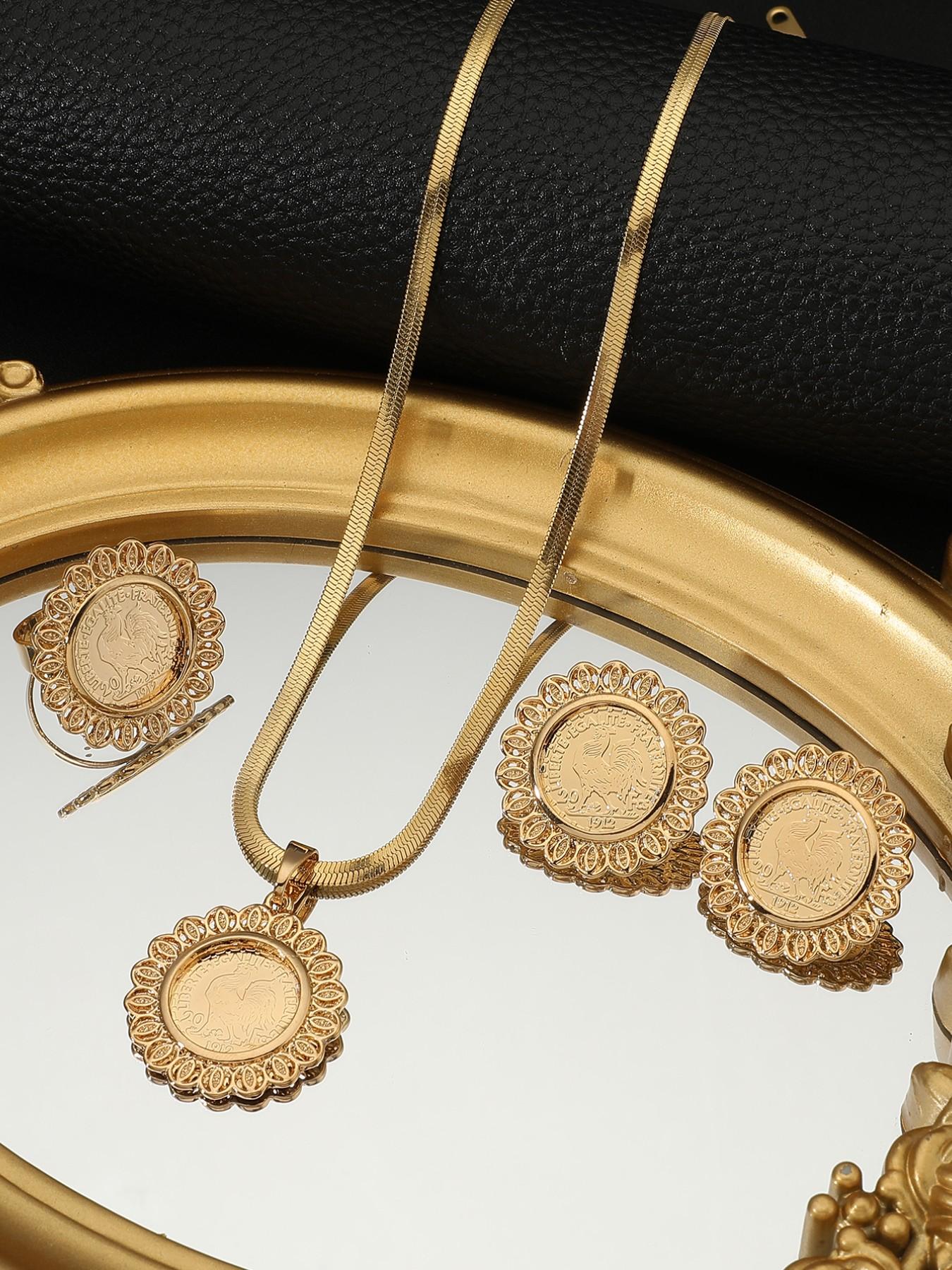 Luxury Vintage Gold Coin Set, Middle Eastern Style Necklace Earrings Ring, Bridal Wedding Jewelry, Casual All-Season Accessories
