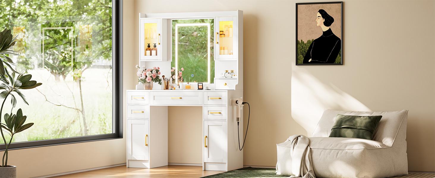 Makeup Vanity Mirror with Light, Large Women Vanity Desk with Touch Screen Mirror Lights & Power Outlet, 4 Cabinet, 2 Shelves & 5 Drawers for Bedroom,[Gift Idea]