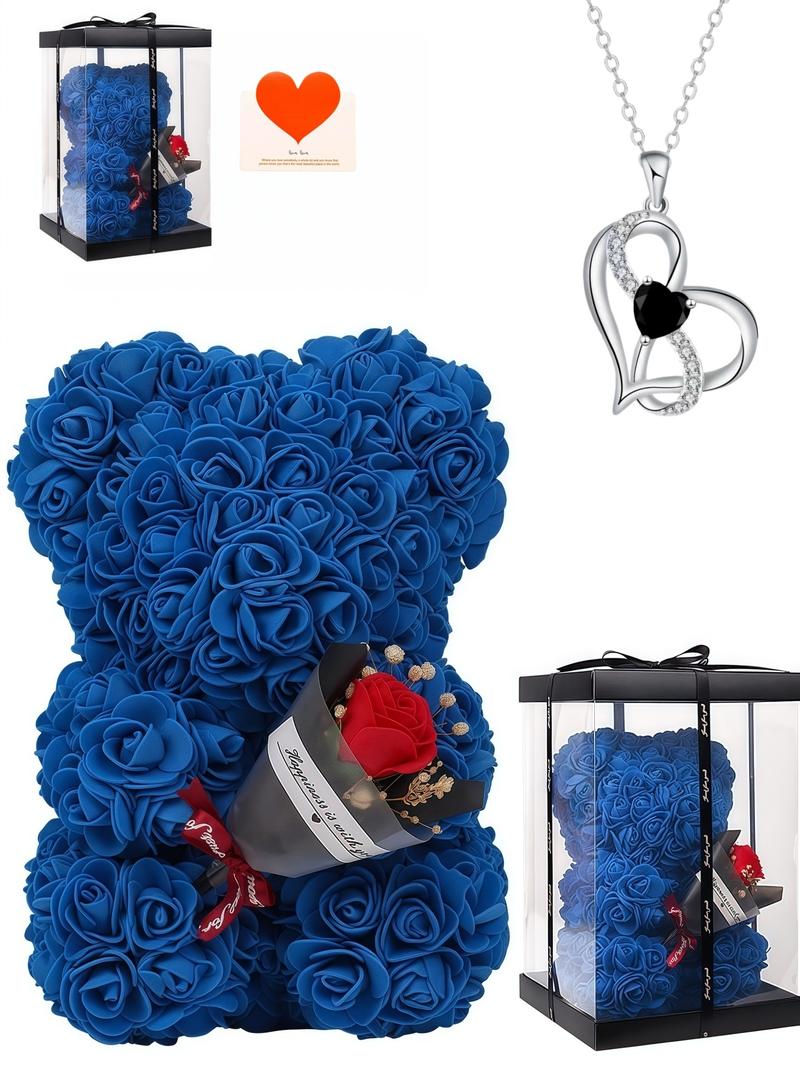 The "Double Heart Diamond Vow" new style high-end heart-shaped pendant gemstone necklace, paired with the eternal flower rose teddy bear gift box. It is an ideal Valentine's Day gift. Love Heart Necklace