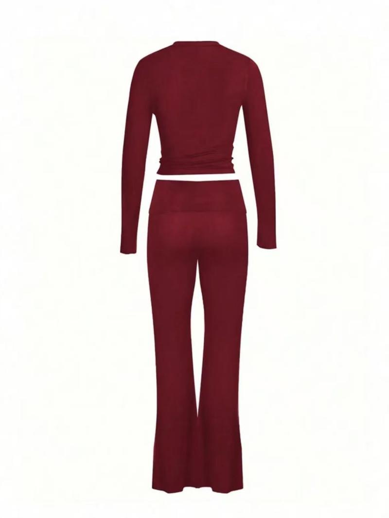 【Plus Size】2 Piece Women's Long Sleeve Crop Top & Flare Pants Set, Trendy Street Style, Multiple Colors Available & Stretchy Fabric, Highlights Curves & Comfortable to Wear, Suitable for Women's Streetwear, Casual Outings,Airport Outfit