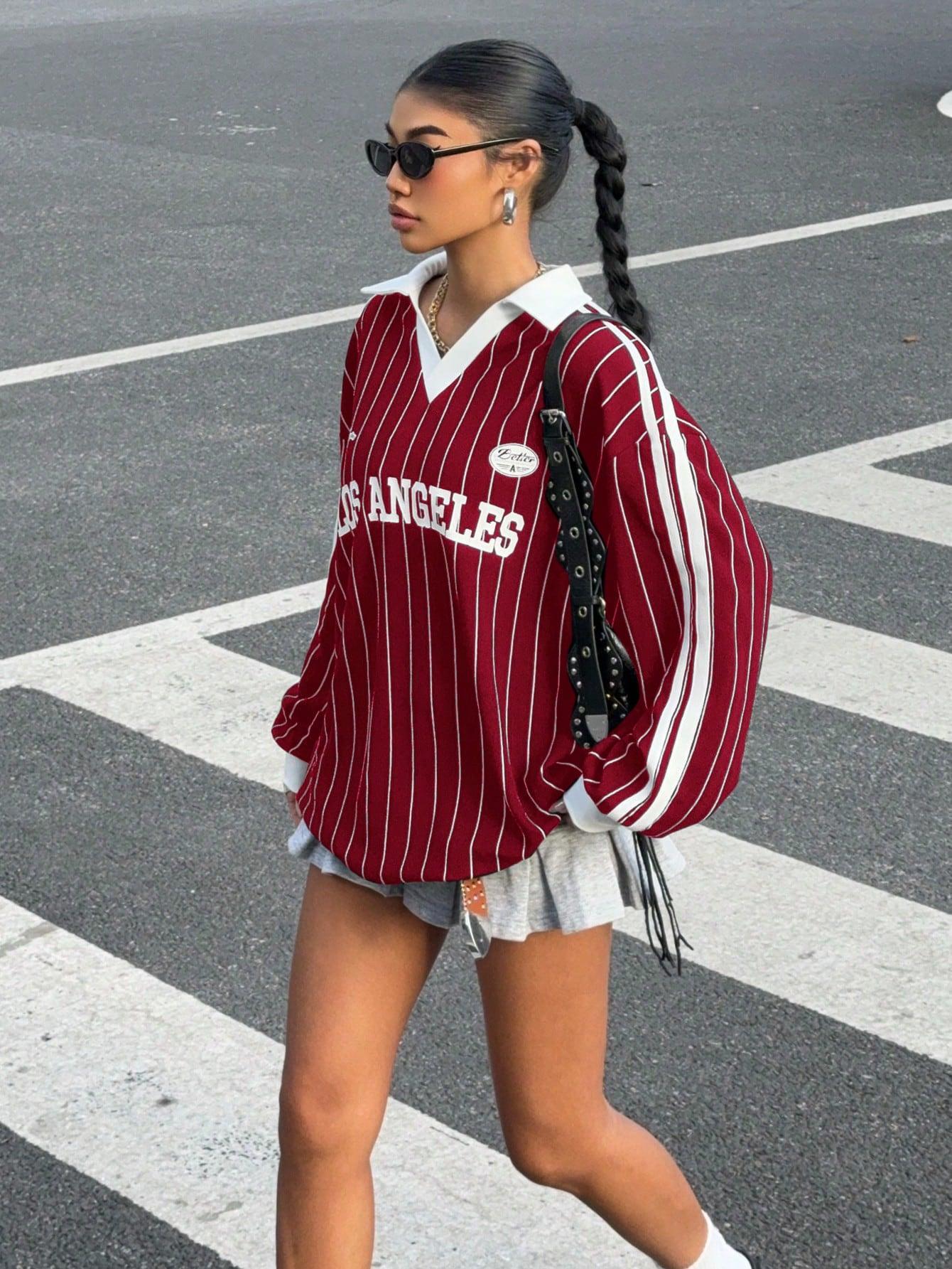 TikTokShopBlackFriday Women's Oversized Tees Striped Letter Print Y2k Jersey T Shirt Collar V Neck Long Sleeve Loose Tops