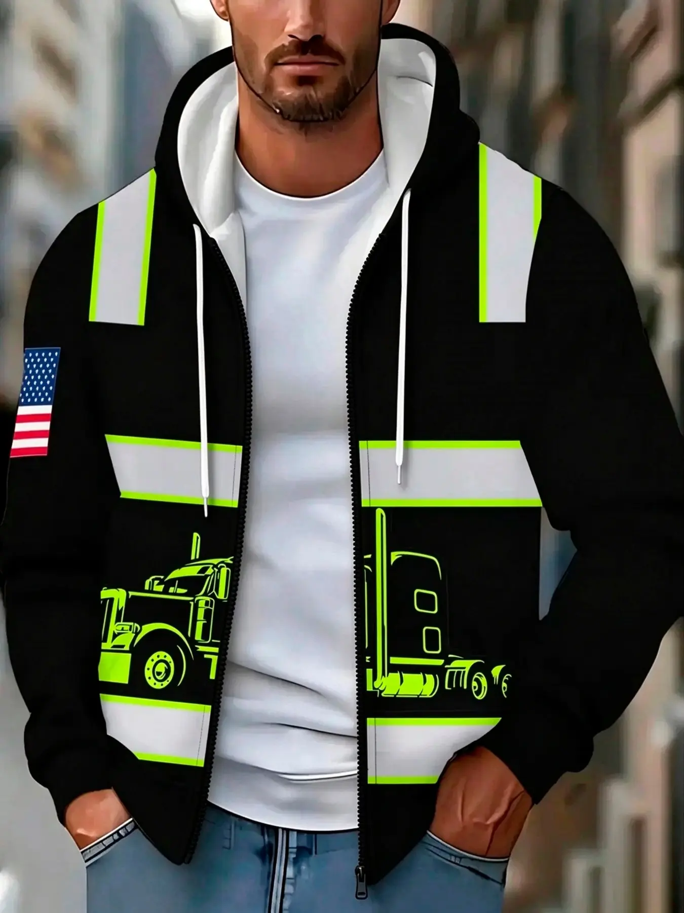 Fluorescent Reflective Work Jacket, Truck Pattern, Night Driving Safety Top, Asymmetrical Design, Long Sleeve, Slim-Fit, Casual Style, Hoodie