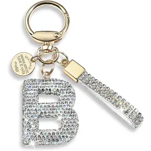 Pink Blue White Initial Letter Keychain Gift for Women Girls Bling Sparkly Cute Backpack Car Key Accessories Lanyard