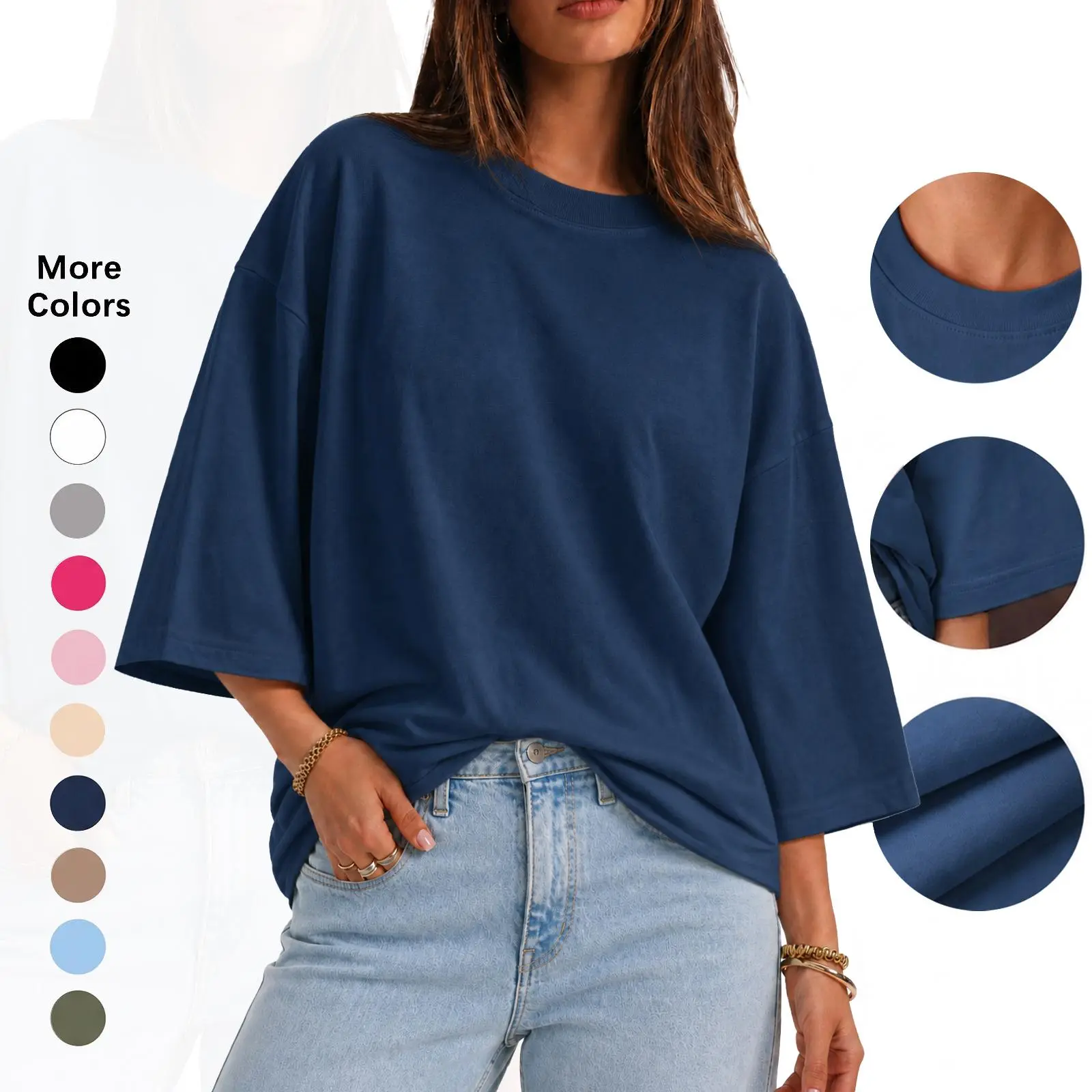 #SohoChic Flowyair Women's Oversized Cotton T-Shirt - 3/4 Sleeve, Crew Neck, Loose Boxy Fit, Minimalist Casual Crewneck Tops for Summer, Women's Casual Cotton T-Shirts