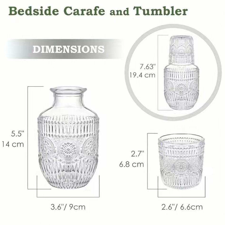 Premium Vintage Embossed Glass Bedside Carafe & Tumbler, Large Capacity Ins Style Thickened Explosion-Proof Pitcher with Dustproof Inverted Cup, Reusable Heat Resistant Stylish Drinkware Beverage Glassware for Home Living Room Hosting Office
