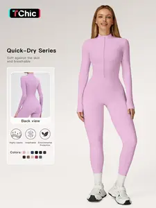 Women's Solid Zip Up Skiing Jumpsuit, Casual Sporty Long Sleeve Jumpsuit for Skiing Cycling, Ladies Sportswear for Fall & Winter