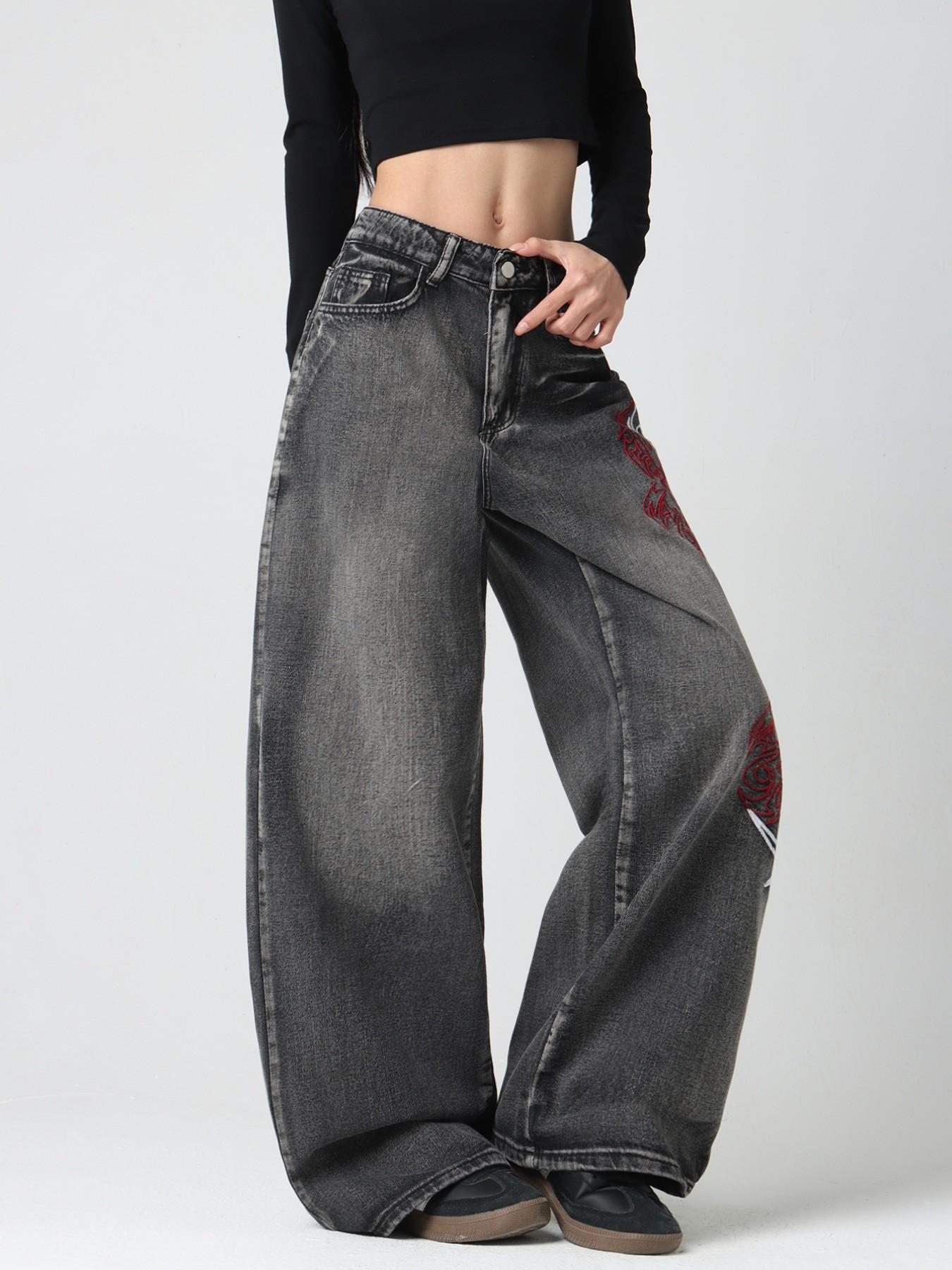 Women's Totem Embroidered Jeans, American Street Style, Comfortable Loose Fit, Trendy Wide Leg Pants, Fashionable All-Season, Casual Comfy Denim, Embroidered Denim Pants, Denim Clothing
