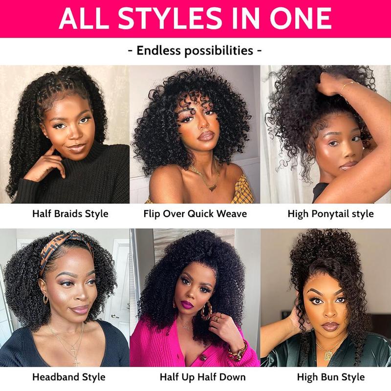 [18‘’=$96]Yawawe Hair 3 IN 1 Half Wigs Human Hair Kinky Curly Headband Wig Upgrade Glueless Wigs With Drawstring Seamless Clip Ins Flip Over