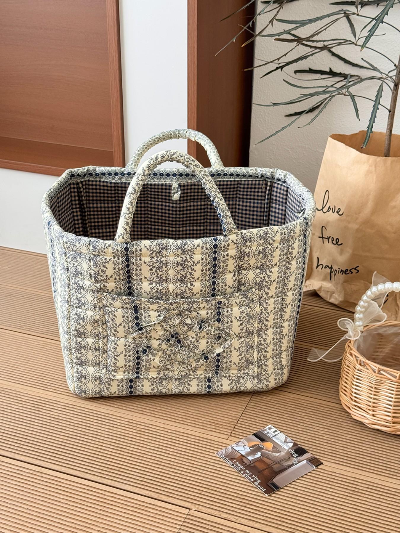 Vintage French Woven Large Print Storage Basket, Dual-Sided Plaid Lining, Home Dirty Clothes Cosmetics Organizer, Retro Style, Laundry Storage