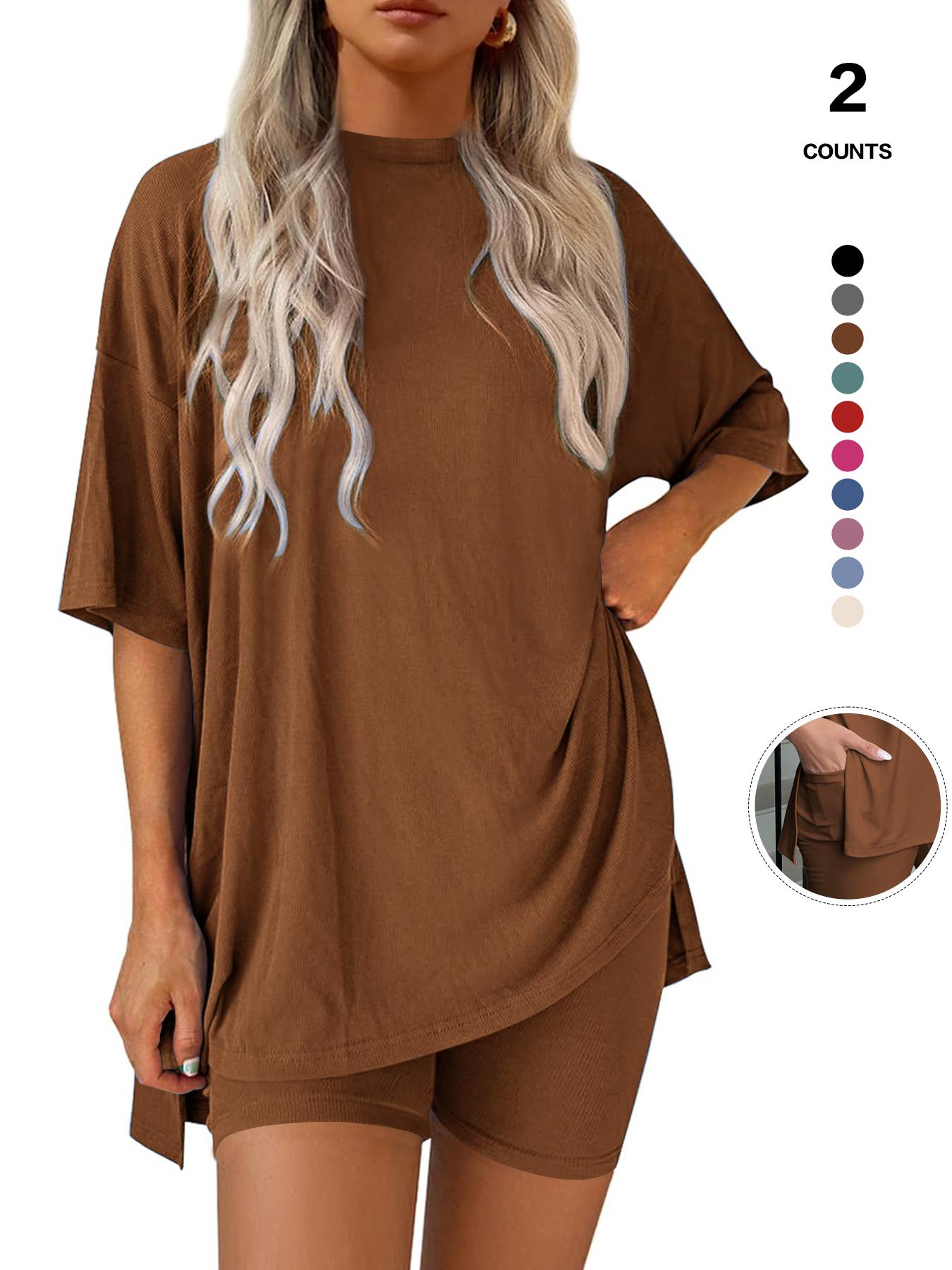 Women's Solid Color Tee & Skinny Elastic Shorts Loungewear Set, Comfortable Round Neck T-Shirt & Shorts, Perfect for Summer Sleepwear