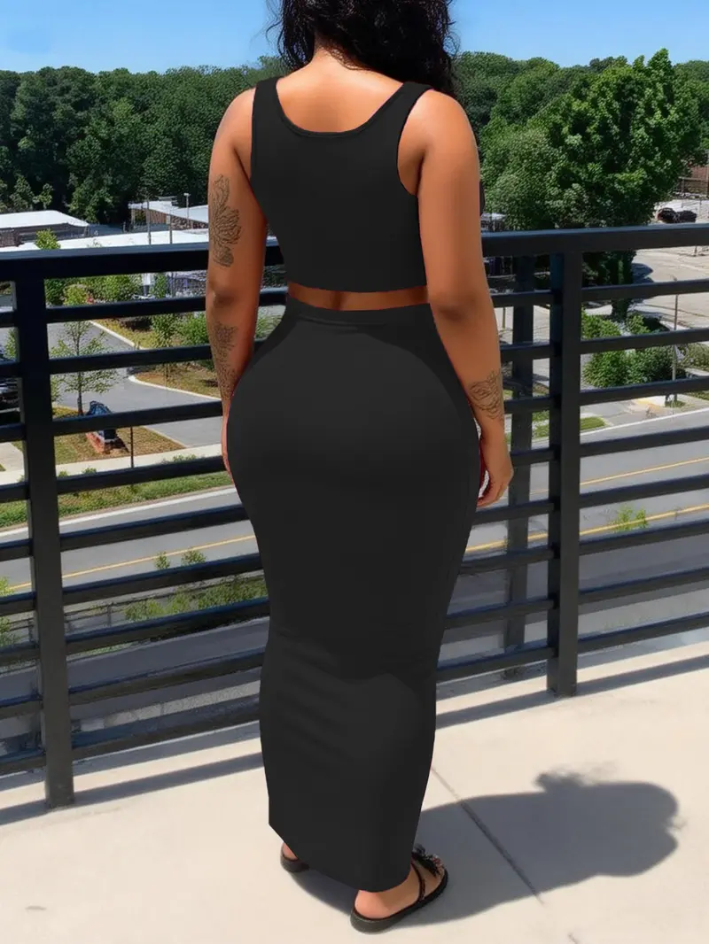 2-Piece Breathable Stretchy Sexy Sporty Casual Slim Fit Knit Crop Sleeveless Tank Top & High-Waisted Skirt Set for Beach, Vacation and Date, Street Style Womenswear