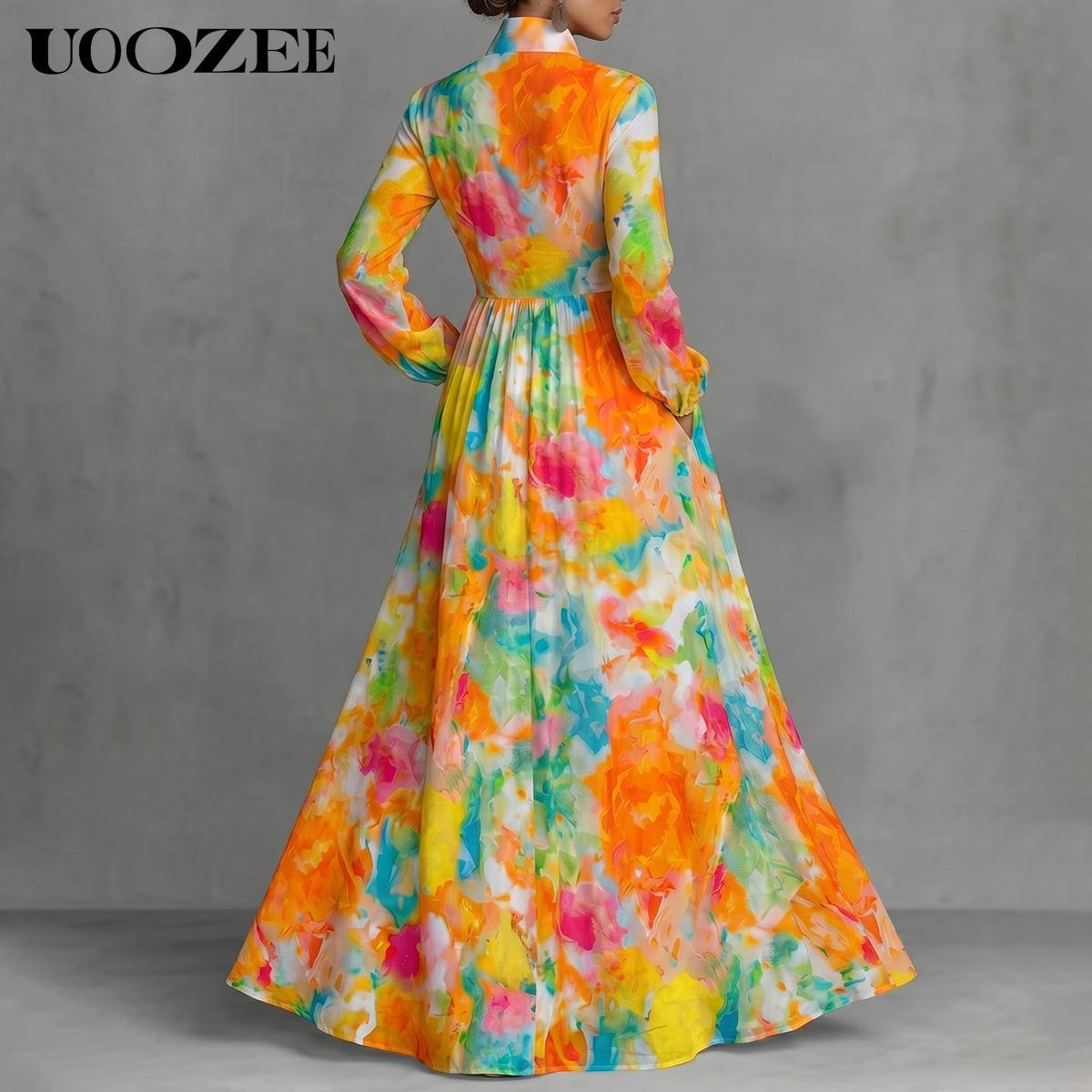 UOOZEE Women's Floral Print Long Sleeve Maxi Dress, Lightweight A-Line Style Polyester Shirt Dress with Pockets for Party, Elegant Dresses For Women