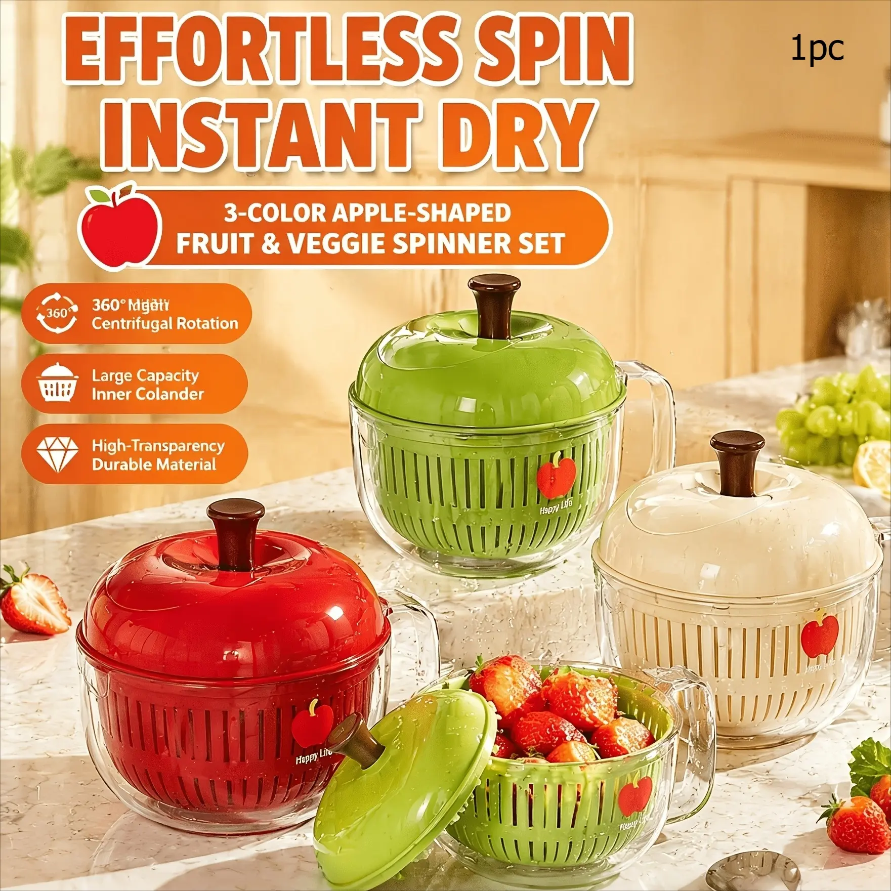 Apple-Shaped Salad Spinner – BPA-Free Manual Vegetable Dryer with Lid and Handle – Dual-Layer Detachable Colander – Quick-Spin Fruit Washing & Drying Basket for Salad Greens and Produce – Storage Basket for Shelves