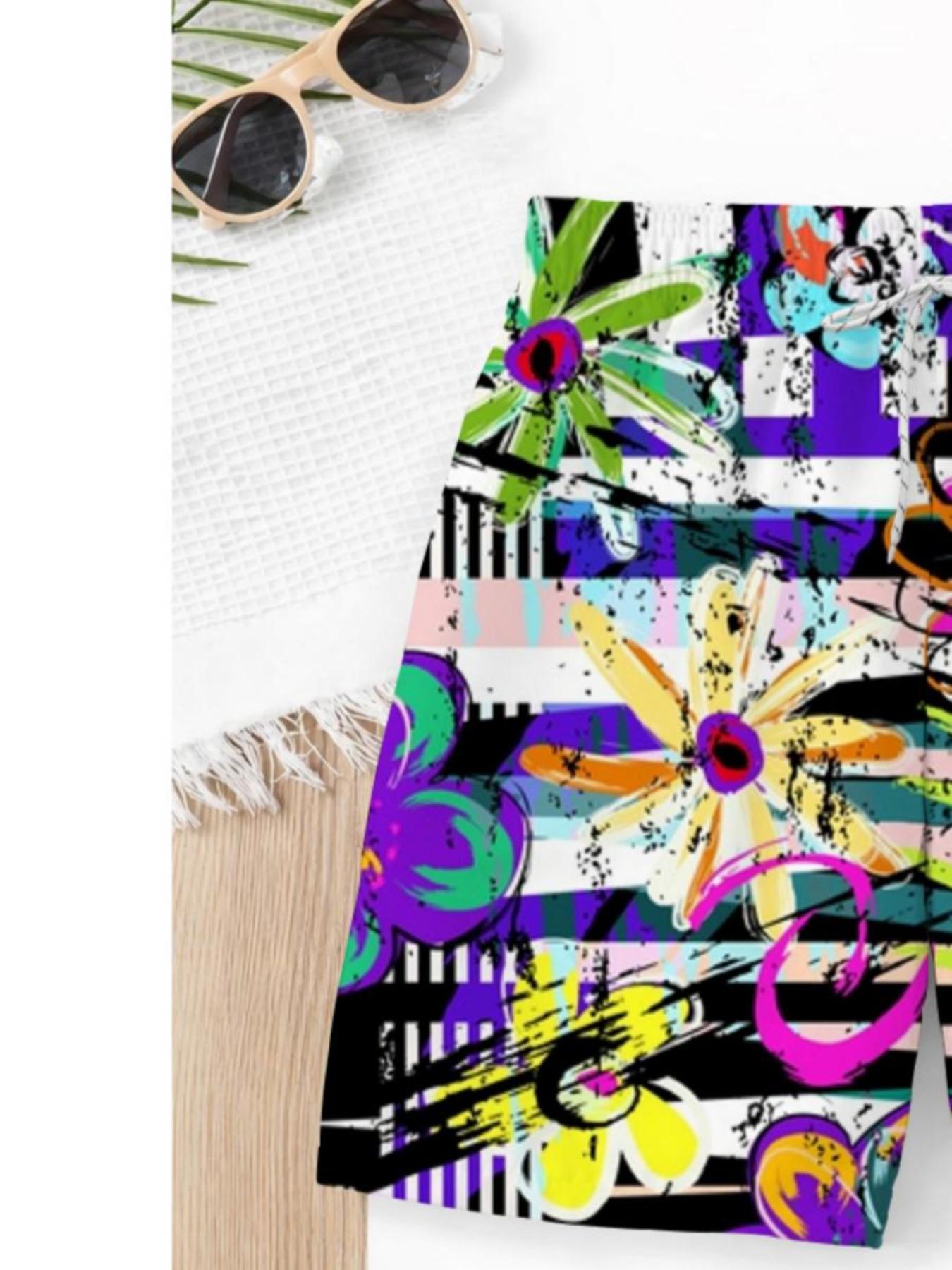 Summer Boys' Abstract Graffiti Floral Print Drawstring Beach Pants, Kids Loose Fit Trendy Swim Shorts, Casual Short Hems