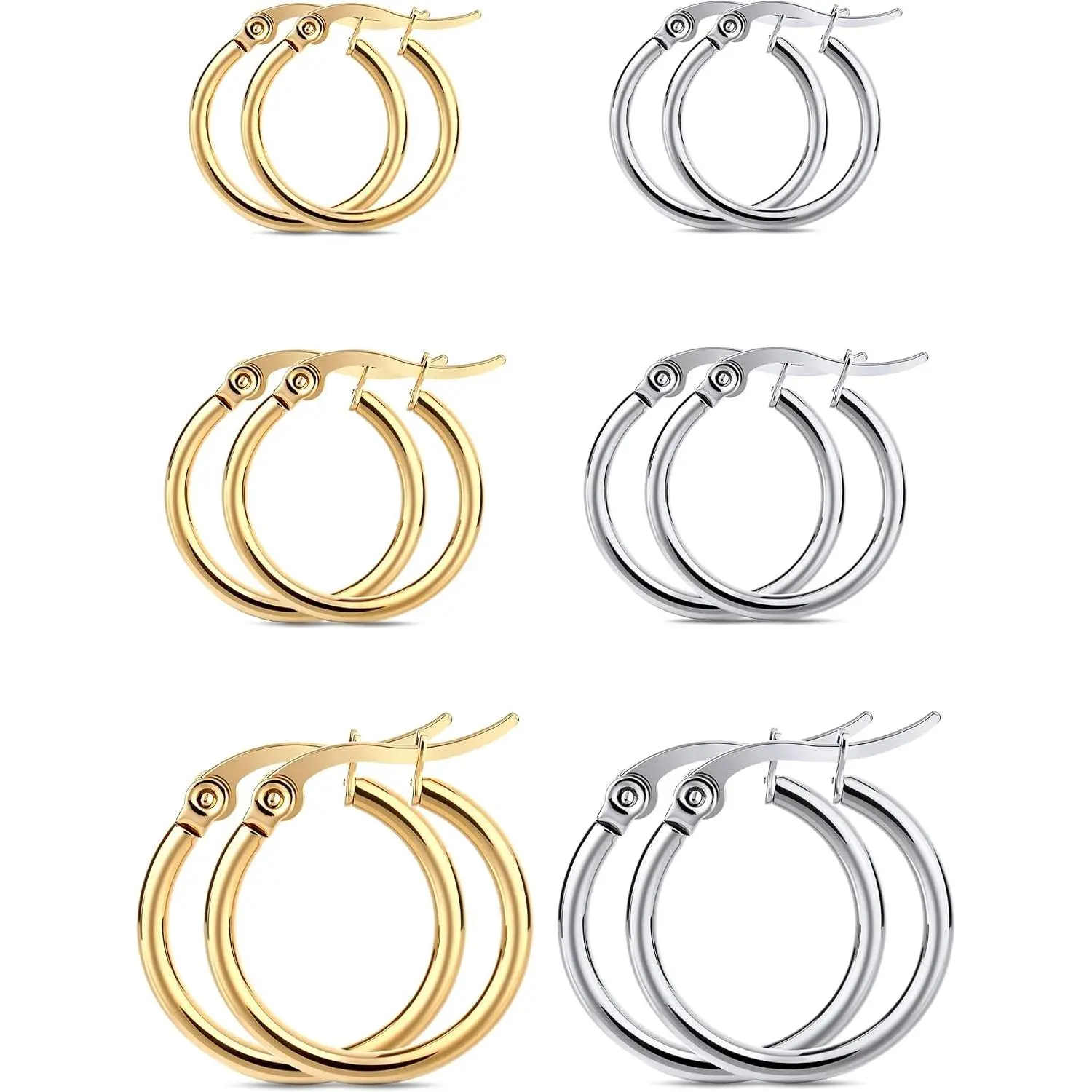 6 Pairs   Hoop Earrings for Women,  Stainless Steel | Black Plated Stainless Steel Earrings, Lightweight, Dangle, No Nickel for  Ears, Includes 6 Size 10-20mm