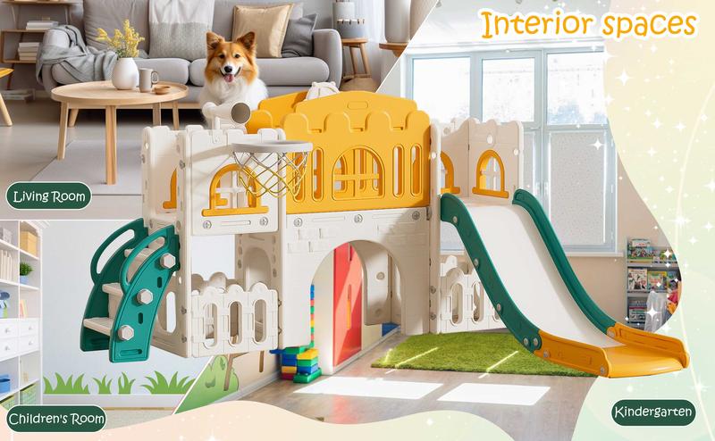 SUNNYGLADE 7 in 1   Multifunction  Toddler Slide, Kids Climber Slide with Storage Space and Non-Slip Steps, Toddler Playset with Basketball Hoopa and Telescope,   Colorful  Indoor Outdoor Playground for Toddler