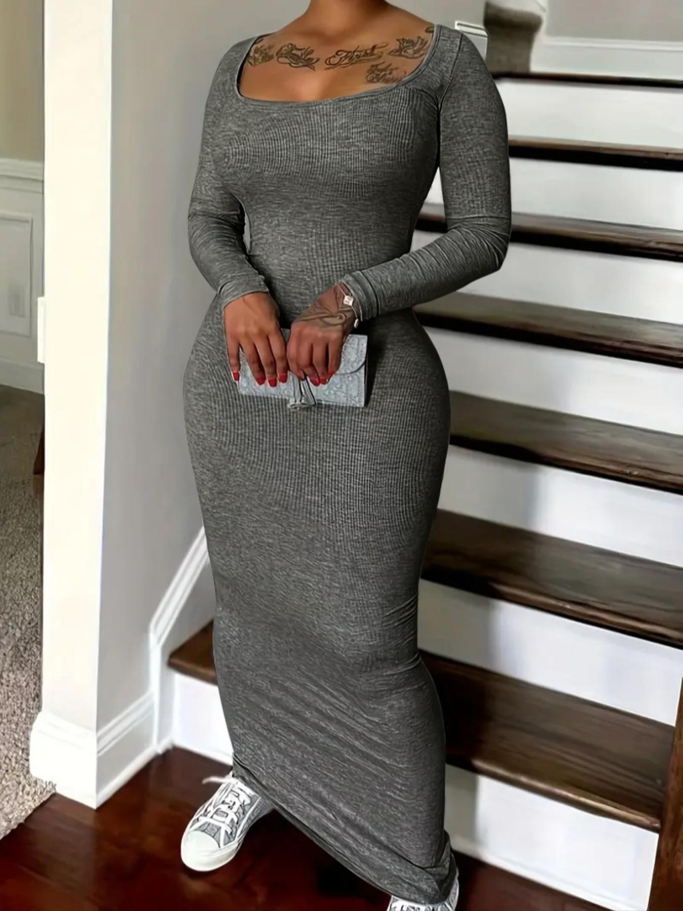 Women's Solid Scoop Neck Ribbed Bodycon Dress, Casual Long Sleeve Long Dress for Fall & Winter, Women's Clothing for Daily Wear